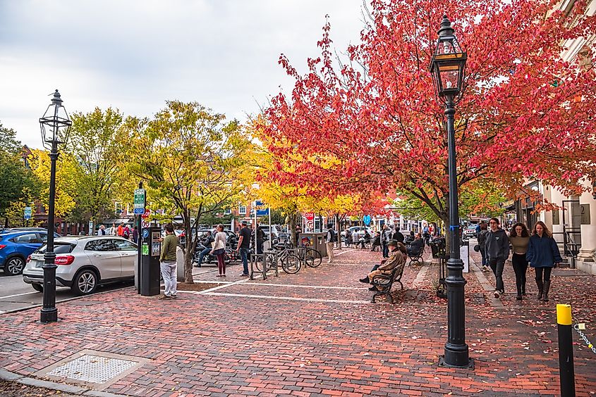 People enjoying a beautiful fall afternoon in downtown Portsmouth, New Hampshire