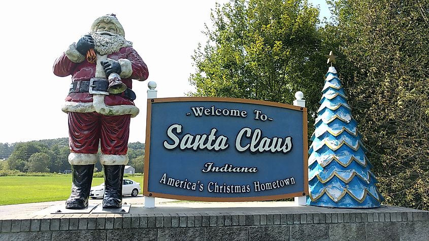 Welcome sign at the entrance to the town of Santa Claus, Indiana.