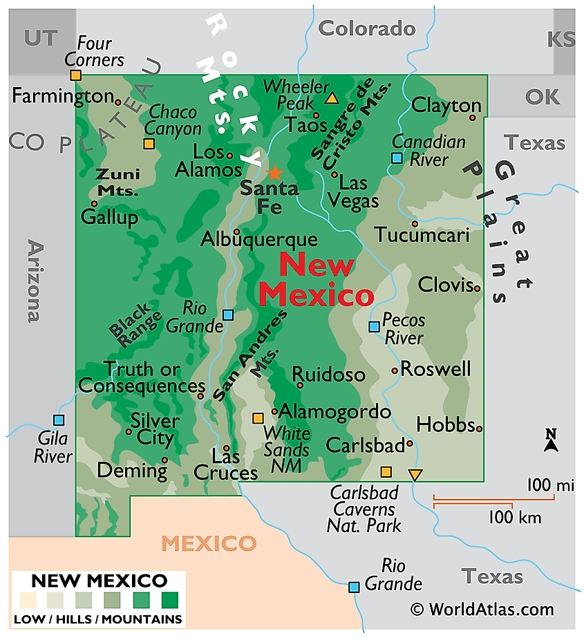 Physical map of New Mexico showing the Rio Grande, the Rocky Mountains, and the Chihuahuan Desert.