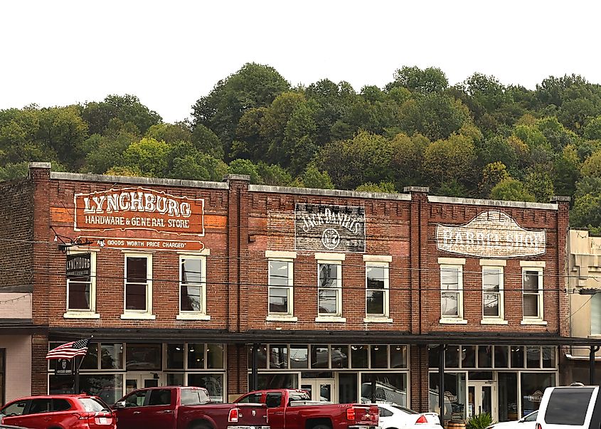 Lynchburg Hardware and General Store, along with the Jack Daniels and Barrel Shop, located in the traditional commercial block near the Jack Daniels Distillery in Lynchburg, Tennessee.