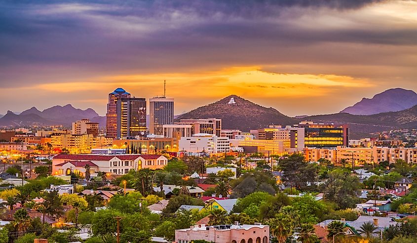 Tucson, Arizona, USA downtown skyline with Sentinel Peak at dusk.