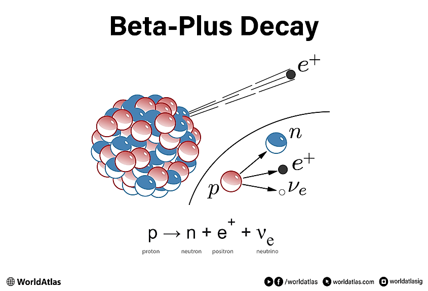 The decay of a proton into a neutron under the weak force