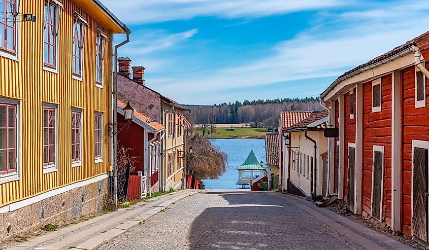 Storgatan looking east toward Lake Norasjön in Nora, Sweden.