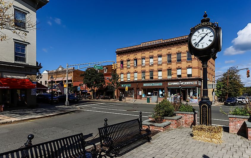 A huge clock in the main street of Madison, New Jersey. Editorial credit: Wirestock Creators / Shutterstock.com