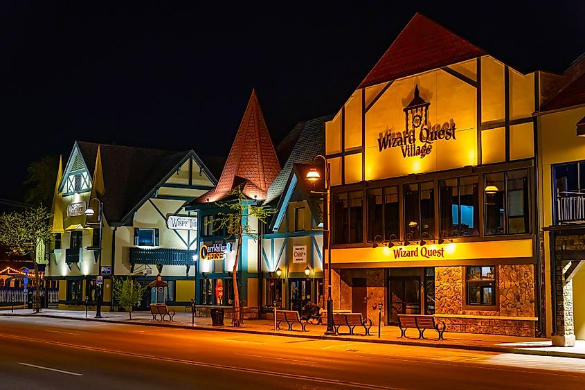 Bavarian Village and Wizard Quest at night in Wisconsin Dells, Wisconsin.