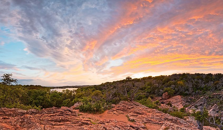 Granite Hills Of Inks Lake State Park Against Fiery Sunset - Burnet County Texas Hill Country