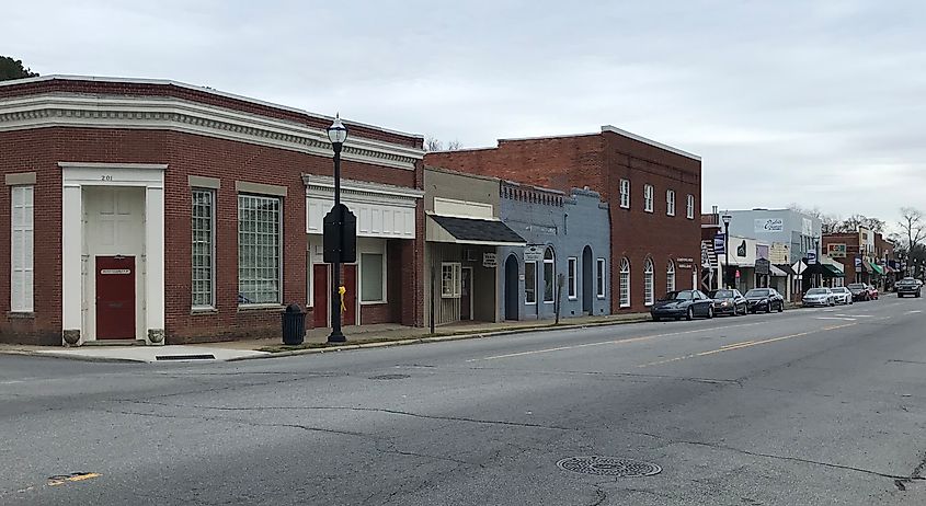 East Main Street (US 158 Business) in downtown Murfreesboro, featuring local businesses and the charm of the town's historic district