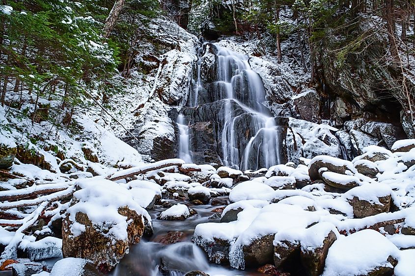 Moss Glen Falls in winter.