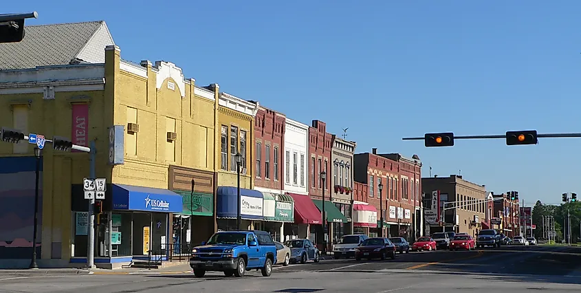 Buildings lined along a street in Seward, Nebraska.