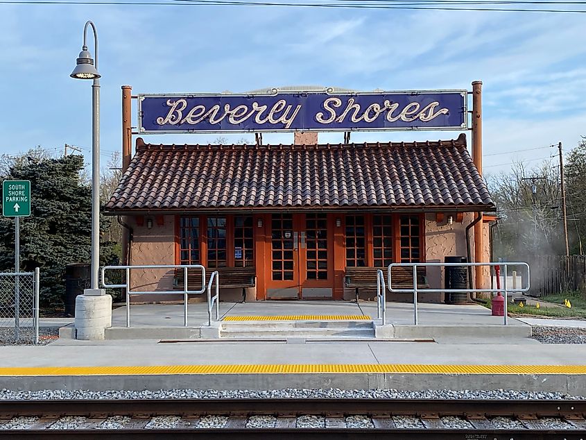 The quirky, old fashioned train station for Beverly Shores.