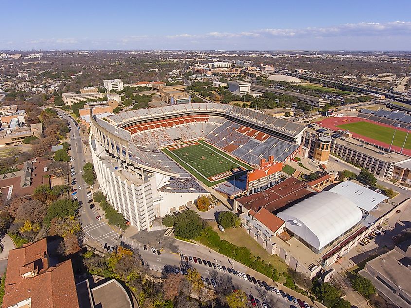 Aerial view of Darrell K Royal-Texas Memorial Stadium in University of Texas at Austin in Austin, Texas,