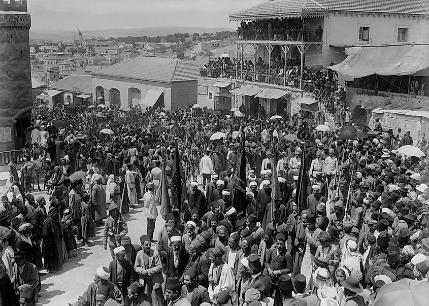 World War I in the Middle East. Turkish military procession through a Jerusalem crowd at the Jaffa Gate.