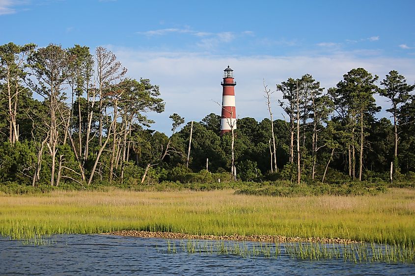 View of the Assateague Lighthouse along the coast in Chincoteague, Virginia.