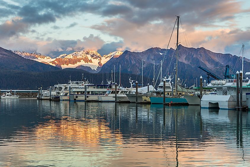 Ships docked at the harbor in Seward, Alaska.