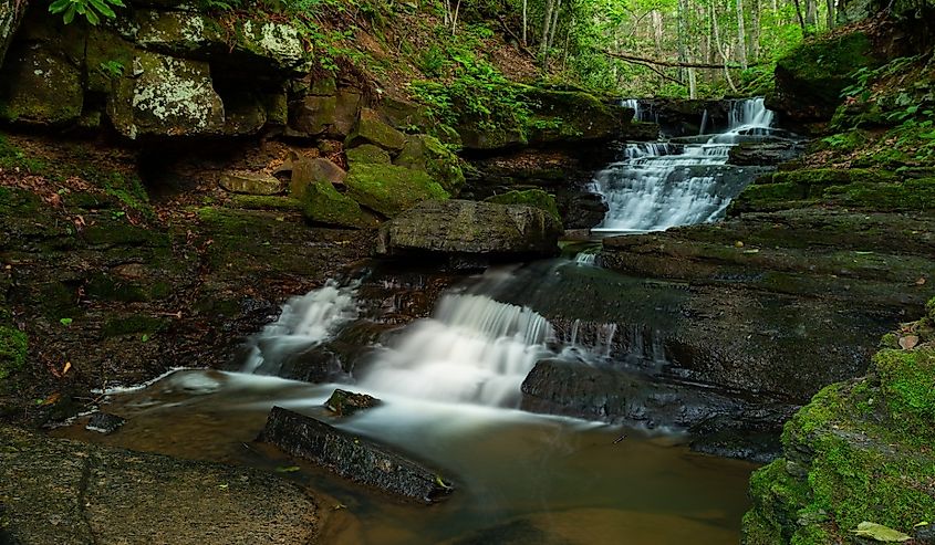 This is a long exposure of Pipestem Falls, a cascade waterfall along Pipestem Creek near Pipestem State Park in West Virginia.