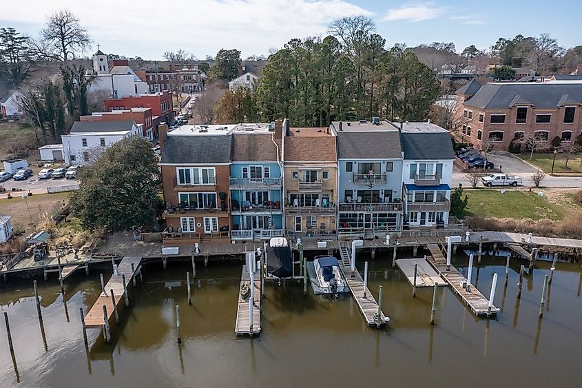 Aerial view of townhomes on the Pagan River in Smithfield, Virginia.