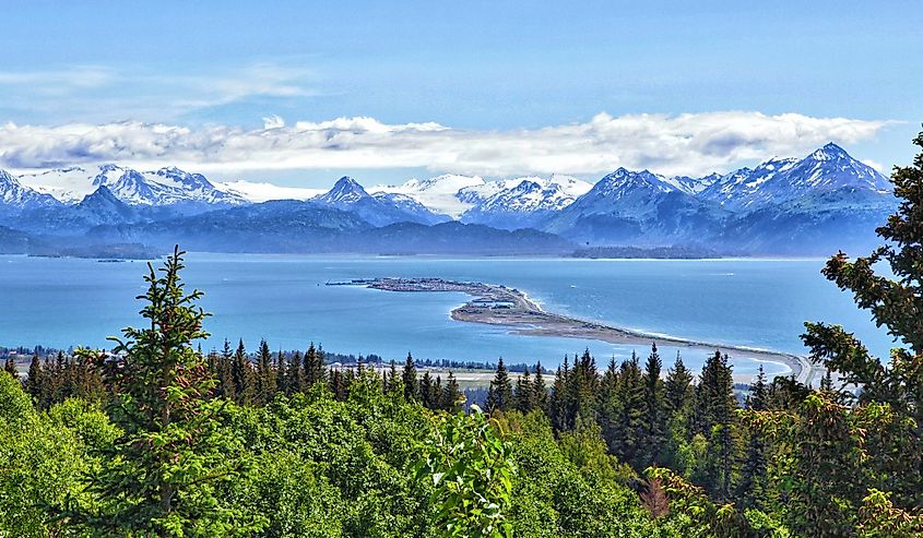 Alaskan mountain and bay, Homer Spit, Kenai Peninsula.