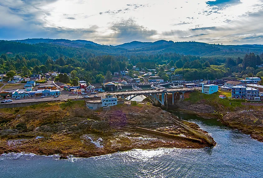 Aerial view of the Depoe Bay, Oregon downtown.