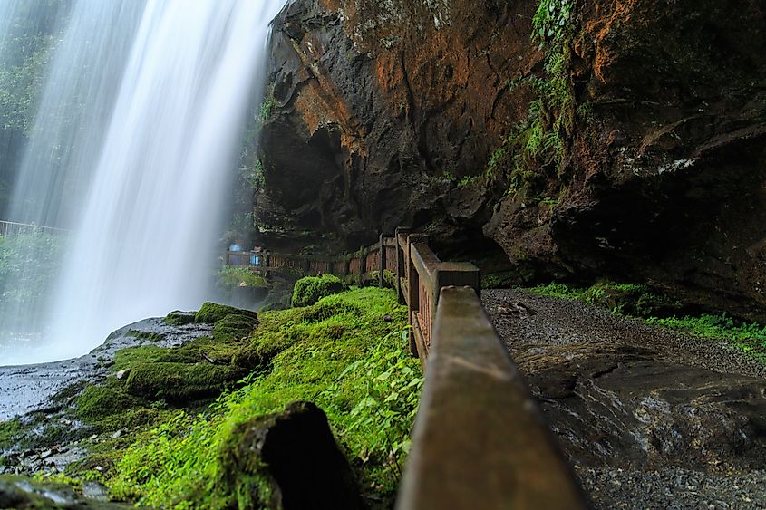 Dry Falls Waterfall in Highlands, North Carolina. The 75 foot waterfall is in the Nantahala National Forest.