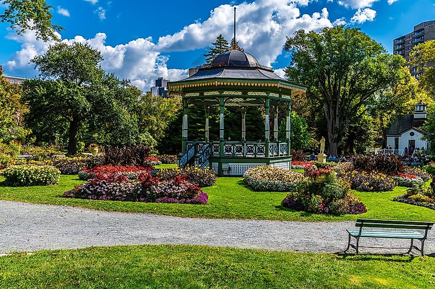 A view towards a bandstand in the Halifax Public Gardens in Halifax, Nova Scotia, Canada.