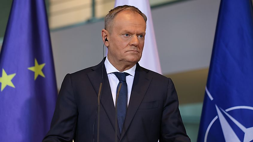 Polish Prime Minister Donald Tusk speaks during a press conference in Berlin, Germany, on December 1, 2025.
