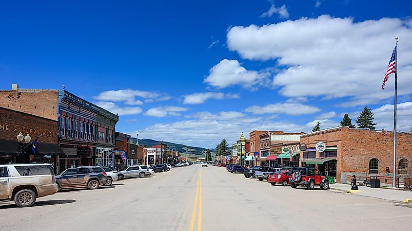 Local businesses in historic buildings flank the Main Street of Philipsburg, Montana.