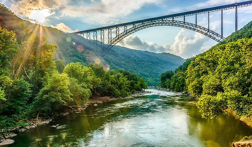 New River Gorge Bridge stretches from ridge to ridge 876' above the New River in Fayette County, West Virginia