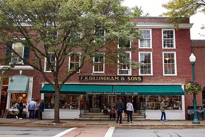 Exterior of the iconic FH Gillingham & Sons general store in Woodstock, Vermont, a historic New England town.