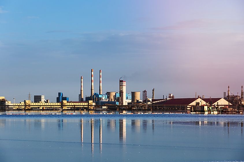 Reflection of a potash factory in Qarhan Salt Lake, Golmud City, Qinghai Province, China.