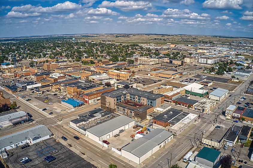 Aerial view of buildings in Williston, North Dakota. 