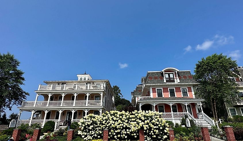 Two beautiful, old-fashioned buildings that are part of the Saybrook Point Resort and Marina