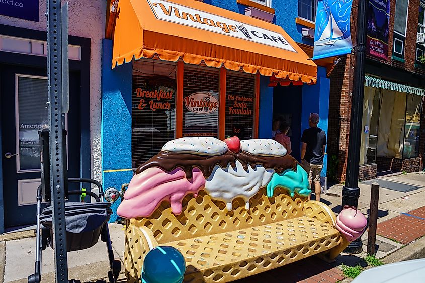 A vibrant ice cream bench in Havre de Grace, Maryland.