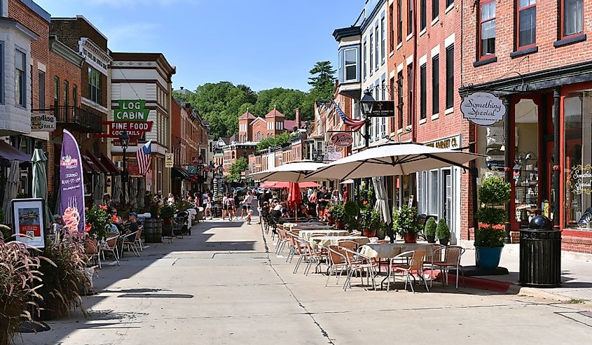 Downtown shops and restaurants in Galena, Illinois.