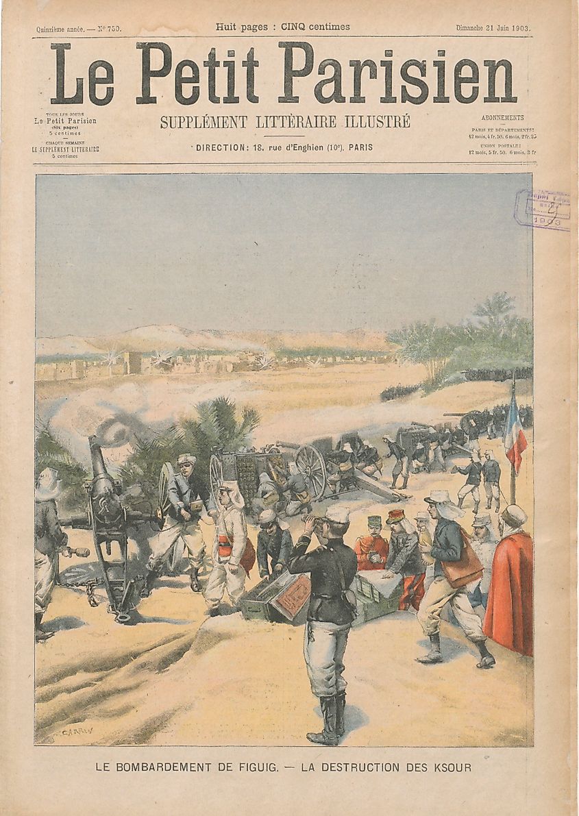 French colonial forces bombard and capture a settlement in Figuig, Morocco, as depicted in a 1903 issue of Le Petit Parisien. Image Credit: Le Petit Parisien via Wikimedia.