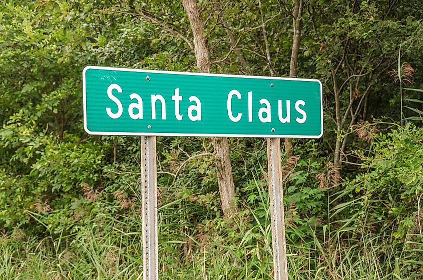 Sign for the city of Santa Claus, Indiana.