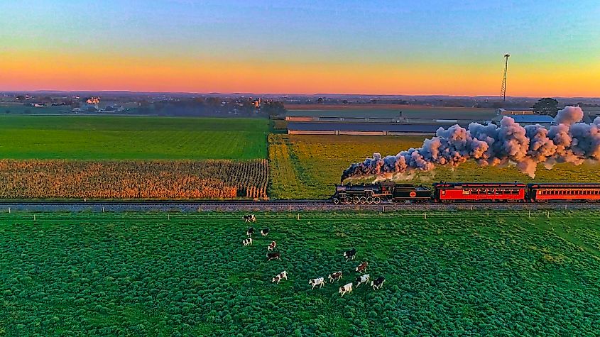 Aerial View of Steam Passenger Train in Strasburg, Pennsylvania. Editorial credit: Greg Kelton / Shutterstock.com