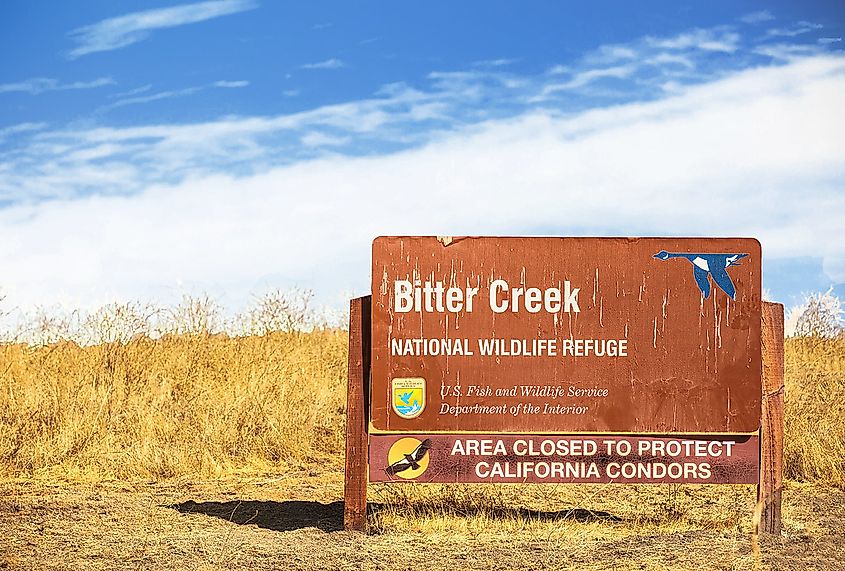 Sign for Tthe Bitter Creek National Wildlife Refuge lies west of Maricopa, CA in Kern County. 