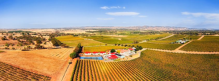 Scenic aerial panorama of Barossa valley vineyards and wine making estates in South Australia.