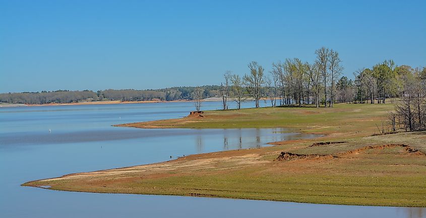 Beautiful park view of Enid Lake at George Payne Cossar State Park in Oakland, Yalobusha County, Mississippi.