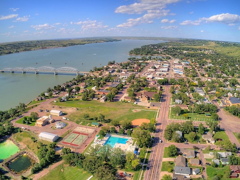 Aerial View of the Town of Chamberlain on the Shore of the Missouri River in South Dakota