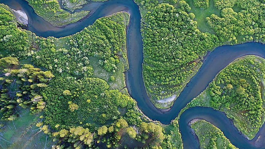 Aerial view of the Madison River winding through Montana.