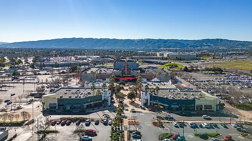 Aerial images over the Hacienda Crossings shopping center in Dublin, California.
