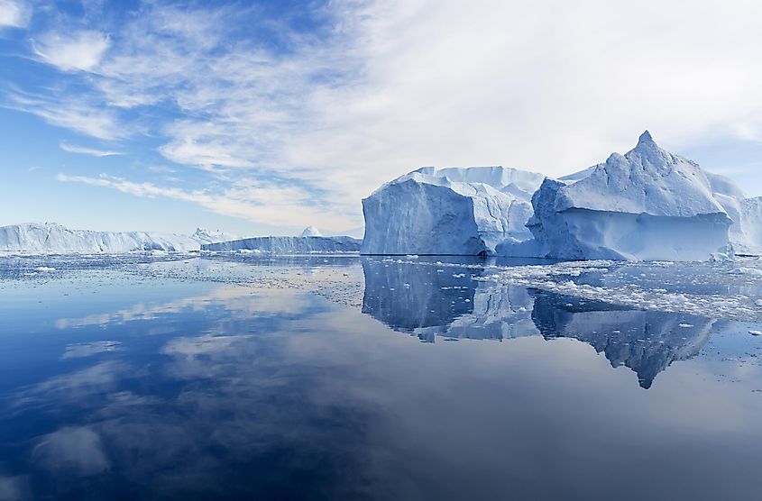 The Greenland Sea with ice and mountains.