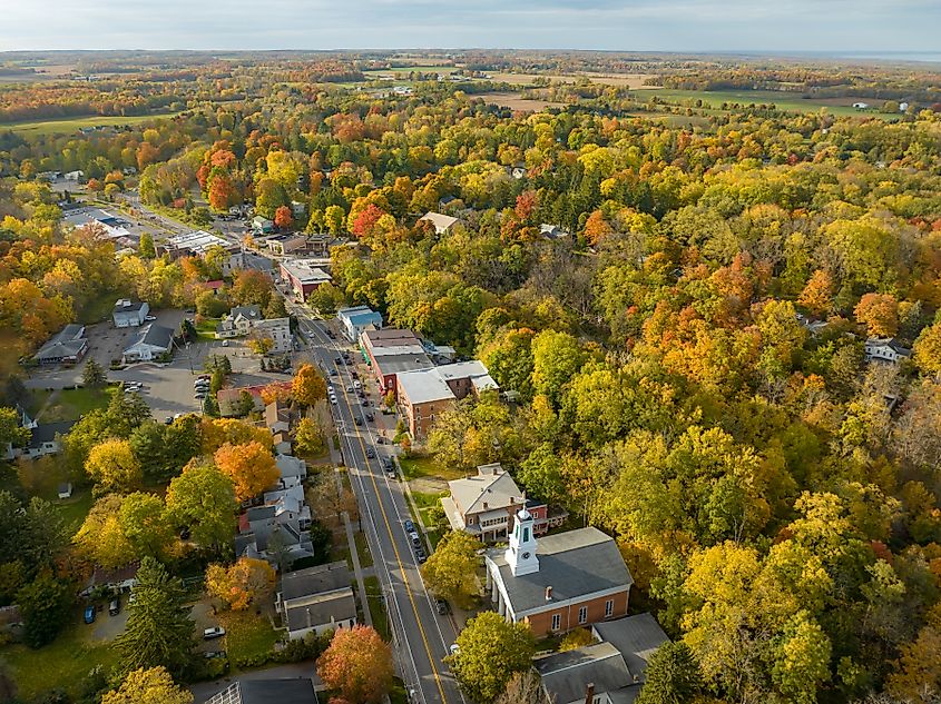 Late afternoon aerial autumn image of the area surrounding the Village of Trumansburg, NY, USA