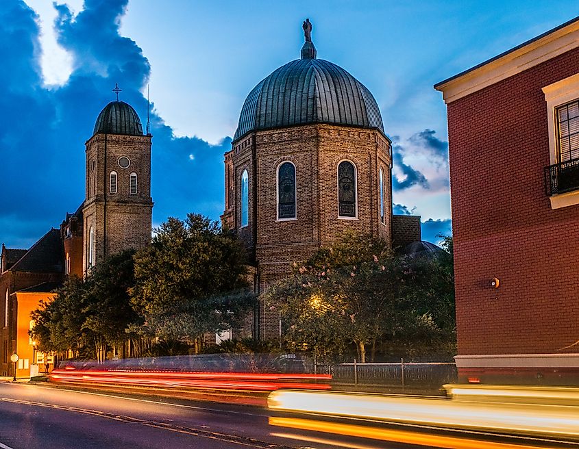 Light trails at the Minor Basilica in Natchitoches, Louisiana.