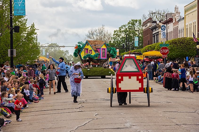 May 2, 2019, Pella, Iowa, USA. Tulip Time Festival Parade of Pella's dutch community, a festival dedicated to the citizens who immigrated from the Netherlands to America.