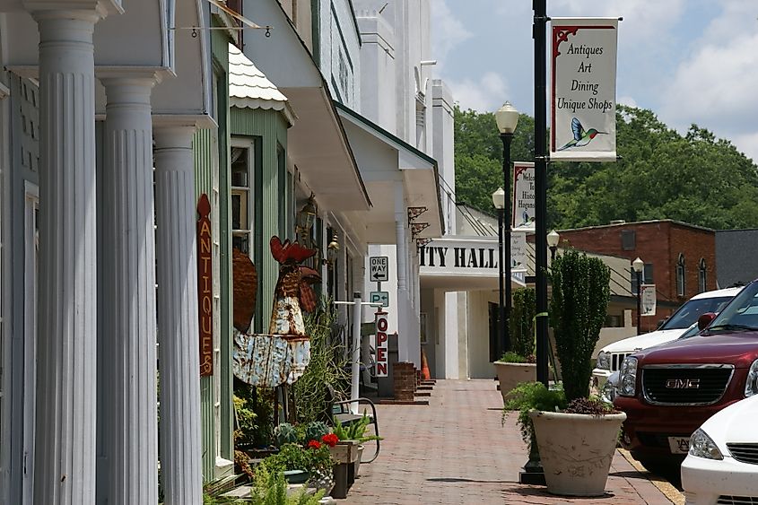 Sidewalk view of Main Street in Hogansville, Georgia