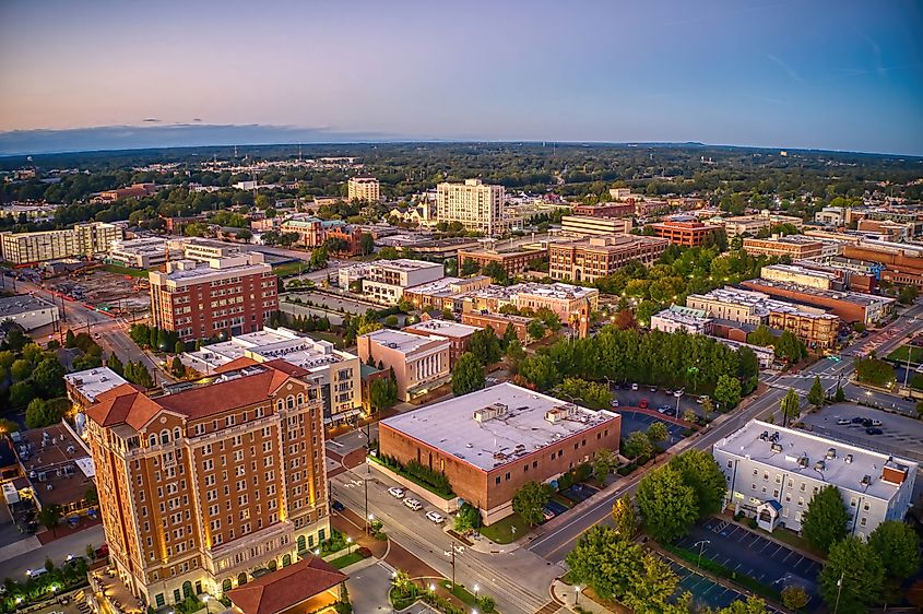 Aerial View of Spartanburg, South Carolina at dusk.