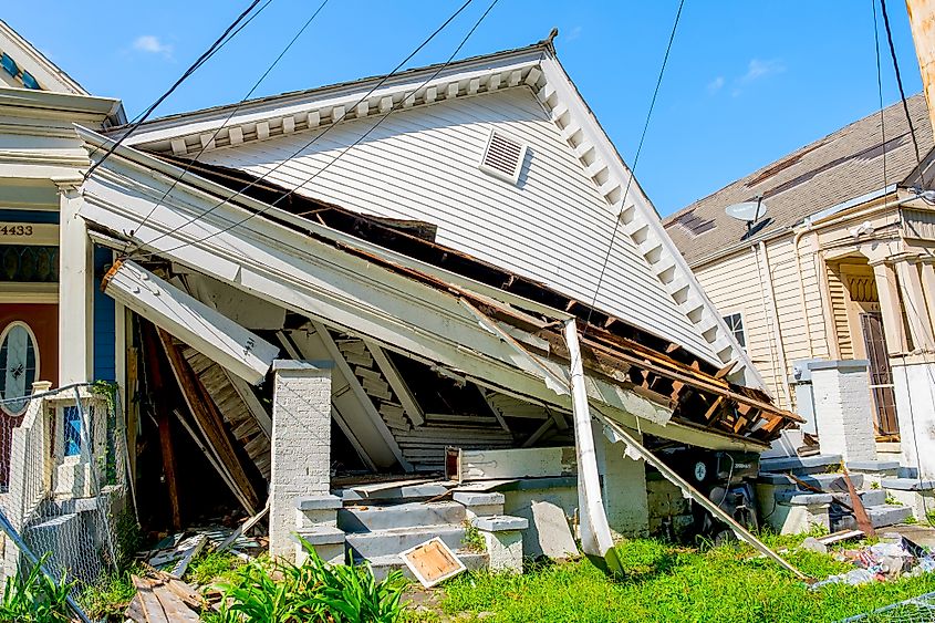 Front of collapsed house following Hurricane Ida in Uptown Neighborhood
