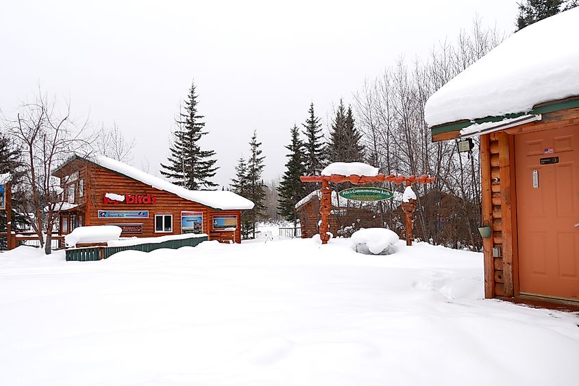 Snow-covered buildings in Fairbanks, Alaska.